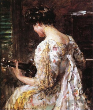 Femme à la guitare Impressionniste James Carroll Beckwith Peinture à l'huile